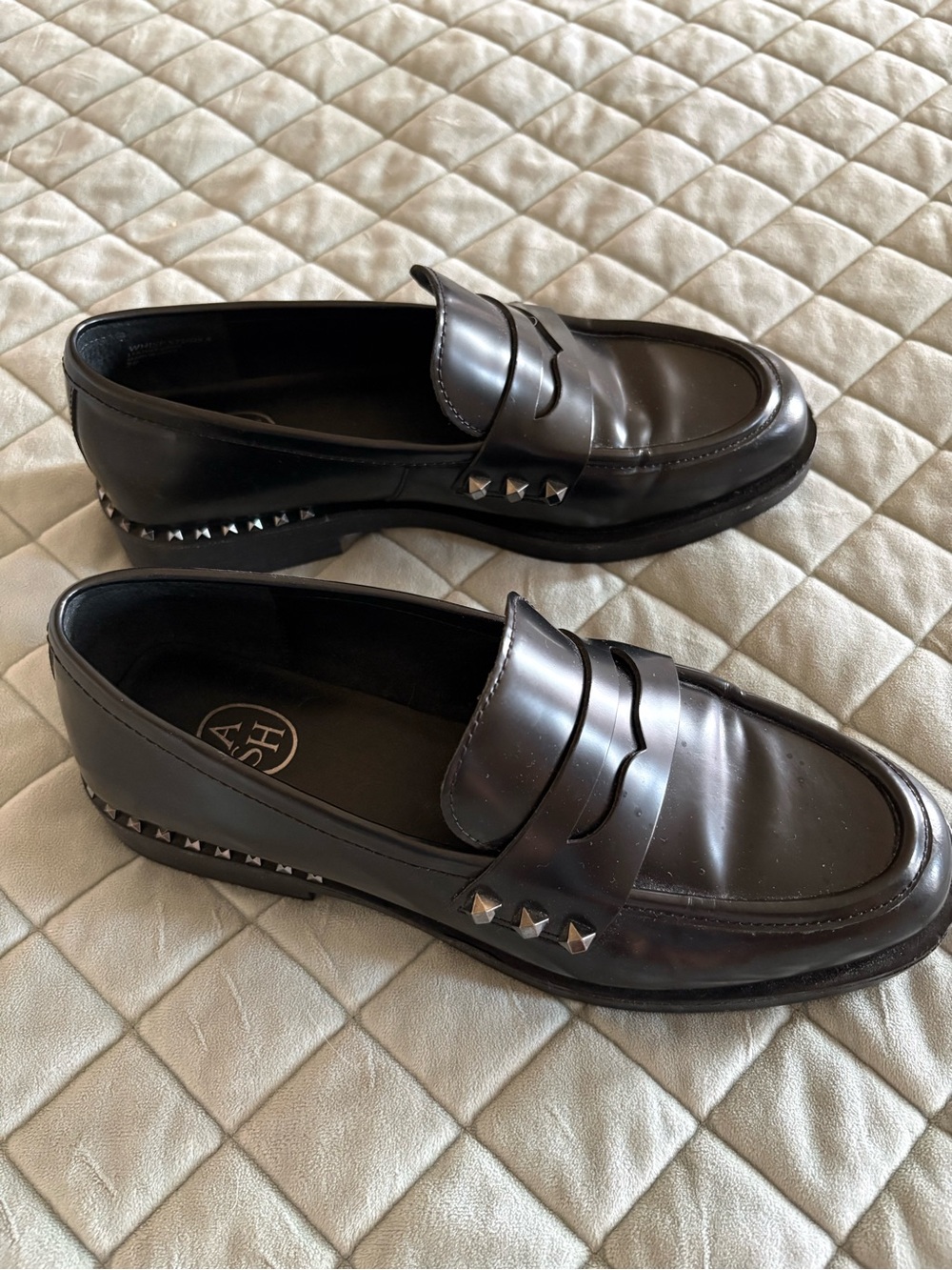 Ash Black Leather Penny Loafers with Silver Studs